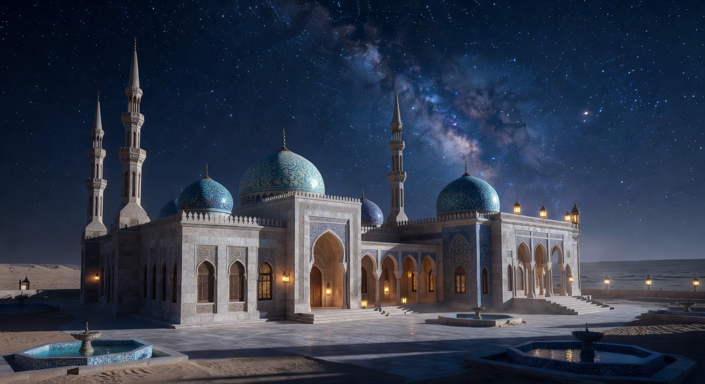 Mystical Arabian palace under a starry night sky